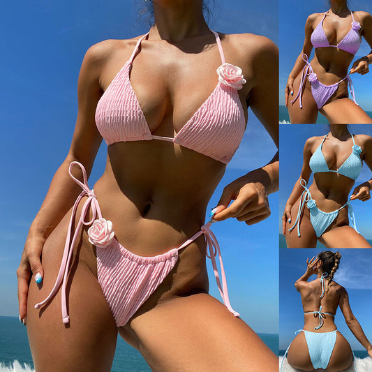 3D Three-dimensional Flowers Bikini Set Beach Summer Sexy Solid Color Side Tie Thong Swimsuit Womens Clothing