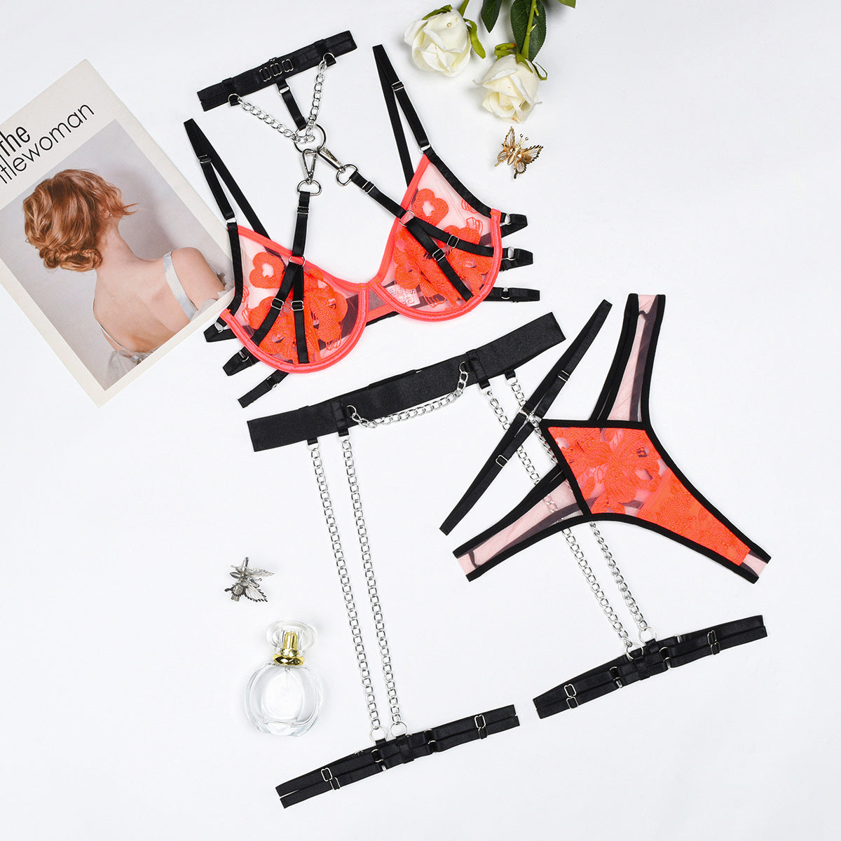 Embroidered Mesh Splicing Detachable Contrast Color Sexy Lingerie Suit